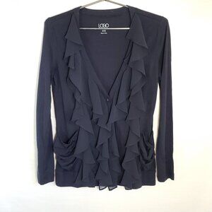 LOGO Soft Cotton Ruffle Front Cardigan Size XXS Semi Sheer Dark Romantic